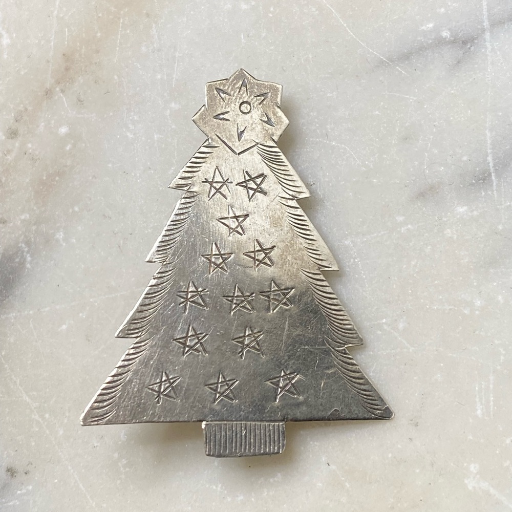 Vintage silver tone christmas tree 2”